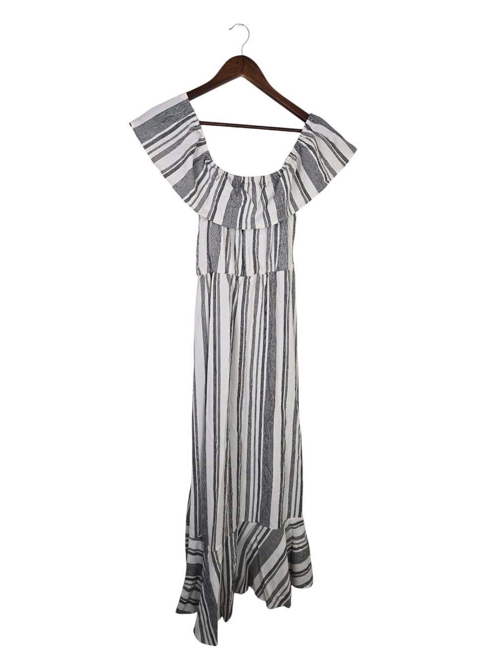 Bailey Blue Striped Off Shoulder Maxi Dress SZ M Boho Beachy Ruffle - Picture 4 of 8